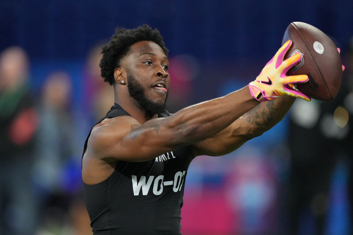 Mar 2, 2024; Indianapolis, IN, USA; Southeast Missouri State wide receiver Ryan Flournoy (WO07) during the 2024 NFL Combine at Lucas Oil Stadium.