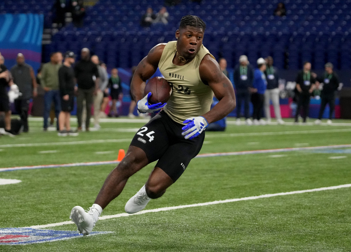 Mar 2, 2024; Indianapolis, IN, USA; Monmouth-Nj running back Jaden Shirden (RB24) during the 2024 NFL Combine at Lucas Oil Stadium.