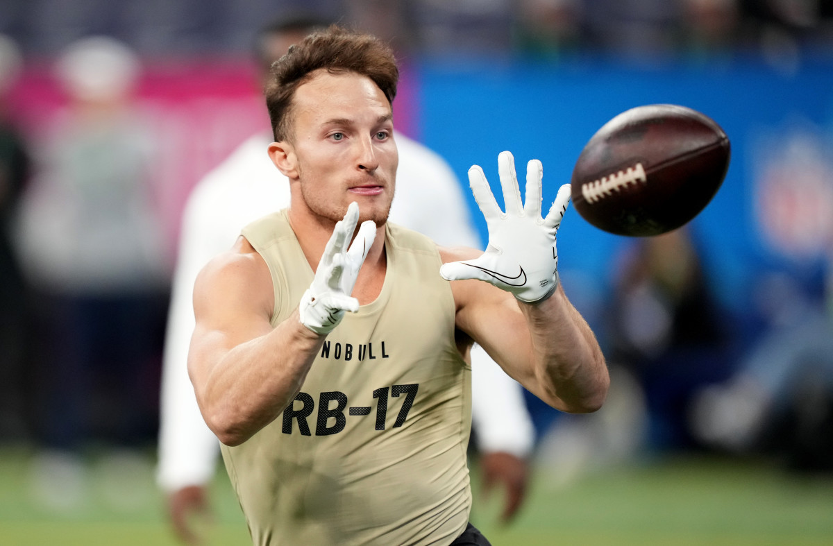 Mar 2, 2024; Indianapolis, IN, USA; New Hampshire running back Dylan Laube (RB-17) during the 2024 NFL Combine at Lucas Oil Stadium.
