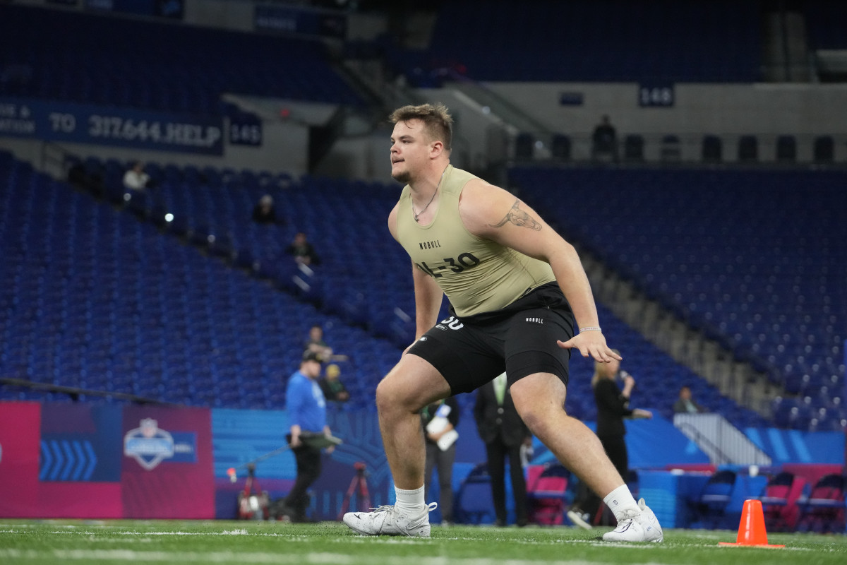 Mar 3, 2024; Indianapolis, IN, USA; South Dakota State offensive lineman Garret Greenfield (OL30) during the 2024 NFL Combine at Lucas Oil Stadium.