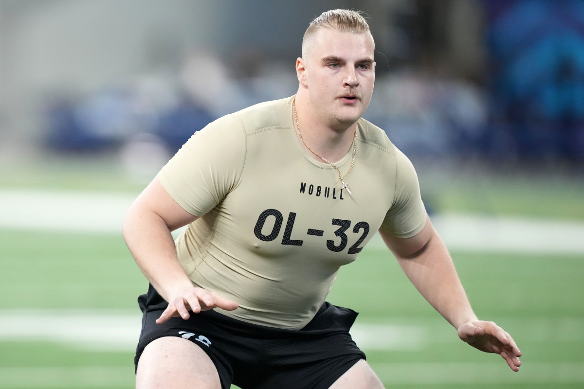 Mar 3, 2024; Indianapolis, IN, USA; Holy Cross offensive lineman C J Hanson (OL32) during the 2024 NFL Combine at Lucas Oil Stadium.