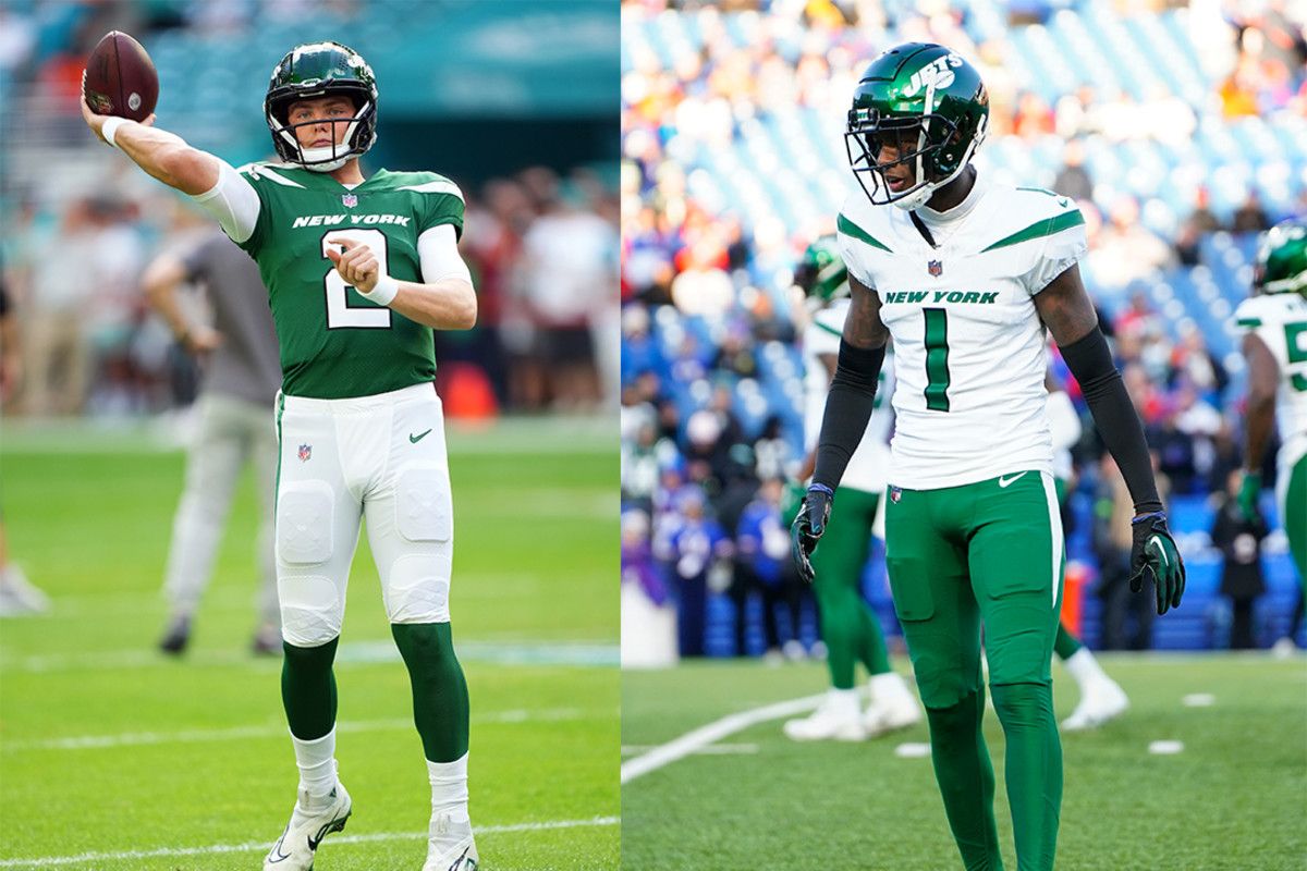 New York Jets quarterback Zach Wilson (left) and cornerback Sauce Gardner (right).