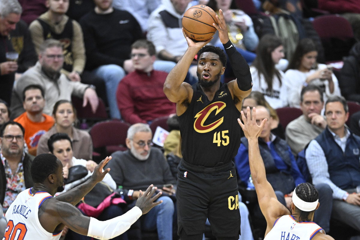 Oct 31, 2023; Cleveland, Ohio, USA; Cleveland Cavaliers guard Donovan Mitchell (45) shoots in the third quarter against the New York Knicks at Rocket Mortgage FieldHouse.
