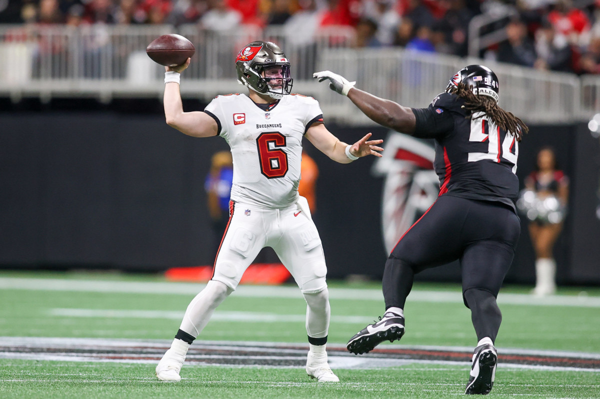 Dec 10, 2023; Atlanta, Georgia, USA; Tampa Bay Buccaneers quarterback Baker Mayfield (6) throws a pass against the Atlanta Falcons in the second half at Mercedes-Benz Stadium. 