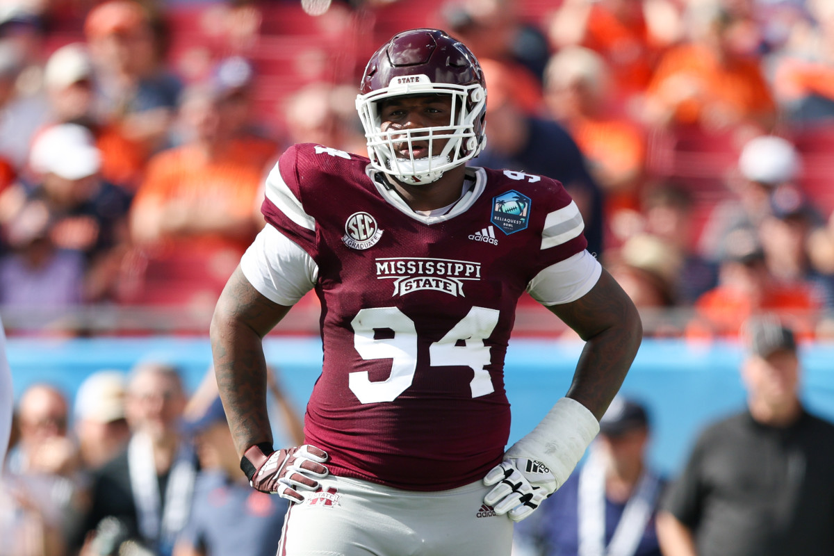 Jan 2, 2023; Tampa, FL, USA; Mississippi State Bulldogs defensive tackle Jaden Crumedy (94) looks on during a break in play against the Illinois Fighting Illini in the first quarter during the 2023 ReliaQuest Bowl at Raymond James Stadium. Mandatory Credit: Nathan Ray Seebeck-USA TODAY Sports