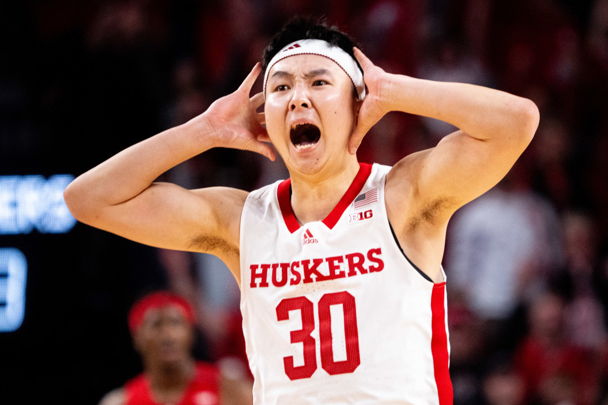 Mar 3, 2024; Lincoln, Nebraska, USA; Nebraska Cornhuskers guard Keisei Tominaga (30) reacts after making a 3-point shot against the Rutgers Scarlet Knights during the second half at Pinnacle Bank Arena.