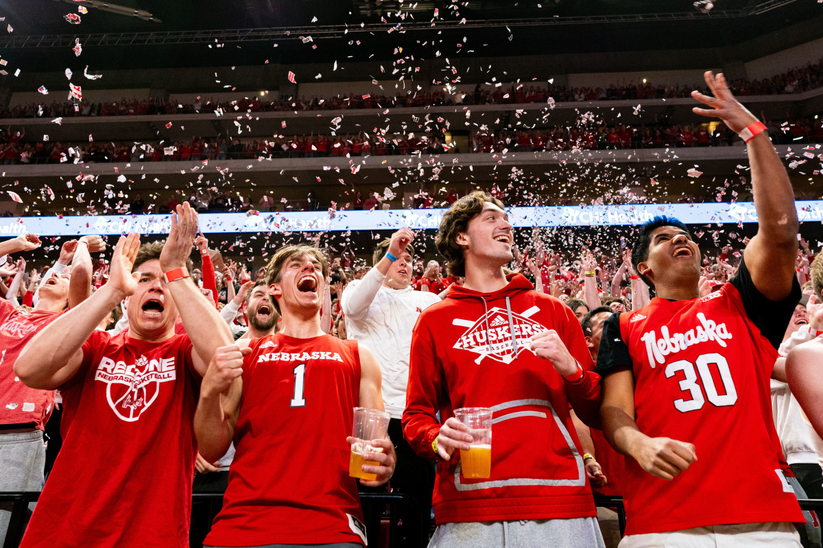 Mar 3, 2024; Lincoln, Nebraska, USA; Nebraska Cornhuskers fans celebrate after the first score of the game by forward Rienk Mast (51) against the Rutgers Scarlet Knights during the first half at Pinnacle Bank Arena.