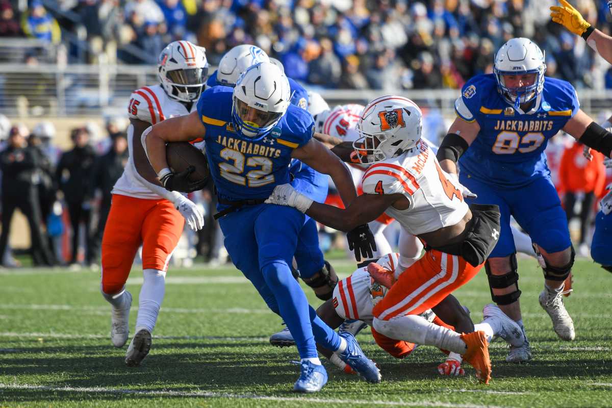 SDSU's running back Isaiah Davis (22) runs with the ball during a game against Mercer University on Saturday, Dec. 2, 2023 at Dana J Dykhouse Stadium in Brookings.