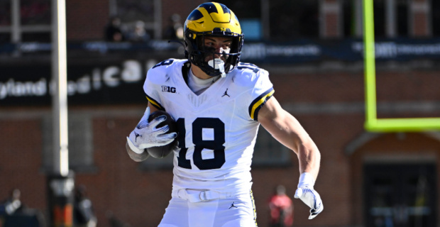 Michigan Wolverines tight end Colston Loveland catches a pass during a college football game in the Big Ten.