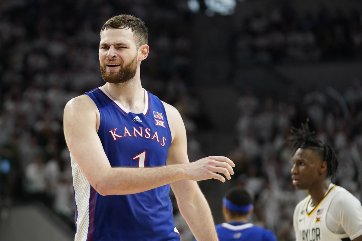 Kansas Jayhawks center Hunter Dickinson (1) reacts to a foul call during the second half against the Baylor Bears at Paul and Alejandra Foster Pavilion in Waco, Texas, on March 2, 2024.