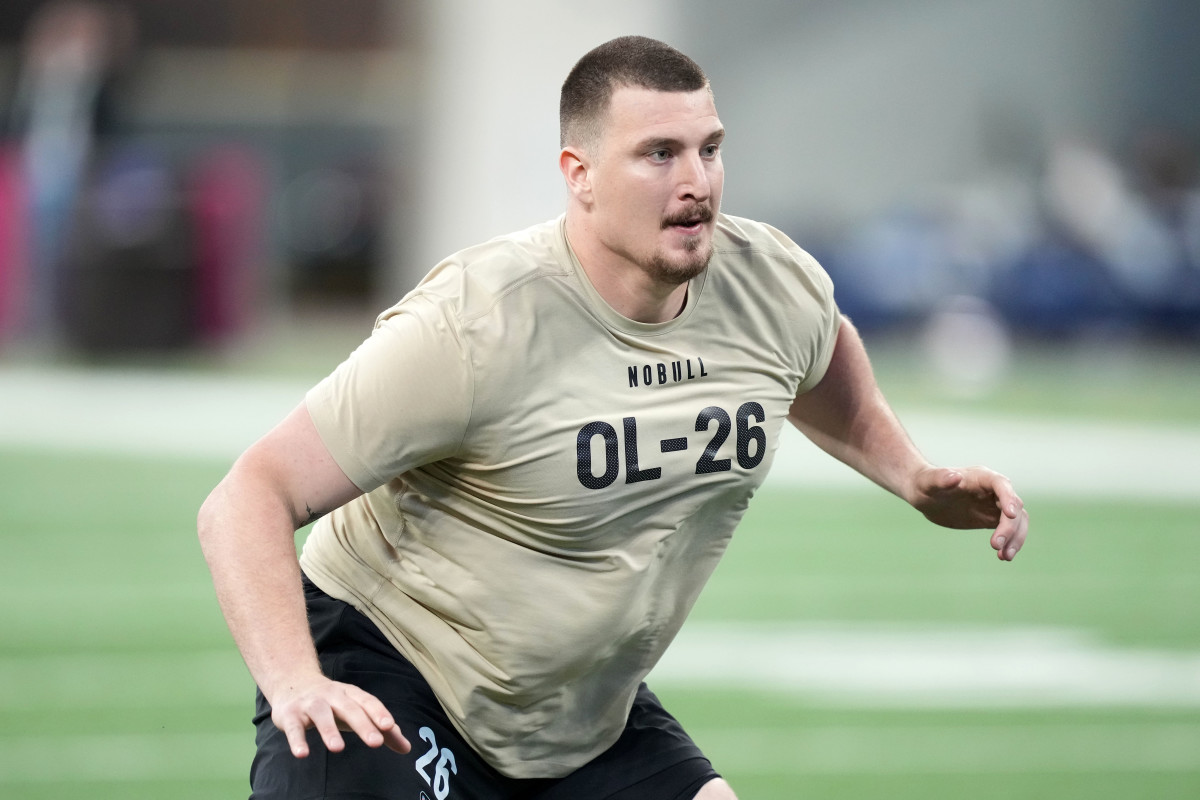 Mar 3, 2024; Indianapolis, IN, USA; South Carolina offensive lineman Nick Gargiulo (OL26) during the 2024 NFL Combine at Lucas Oil Stadium.