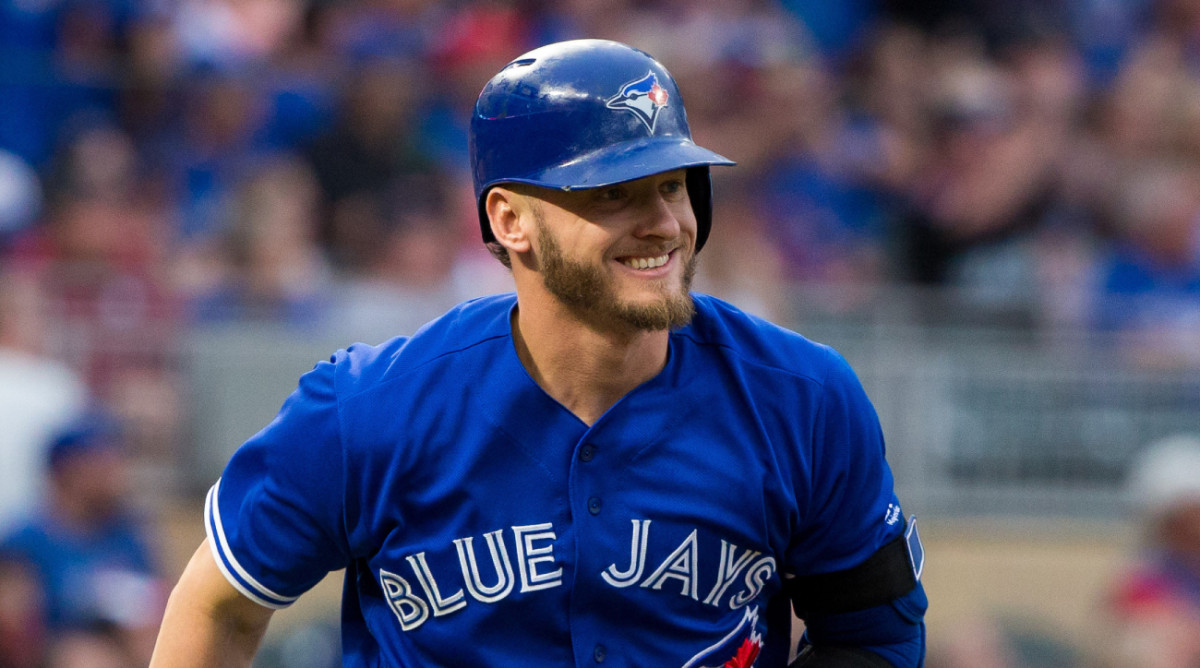 Former Blue Jays third baseman Josh Donaldson reacts to hitting a home run during a game in 2017.