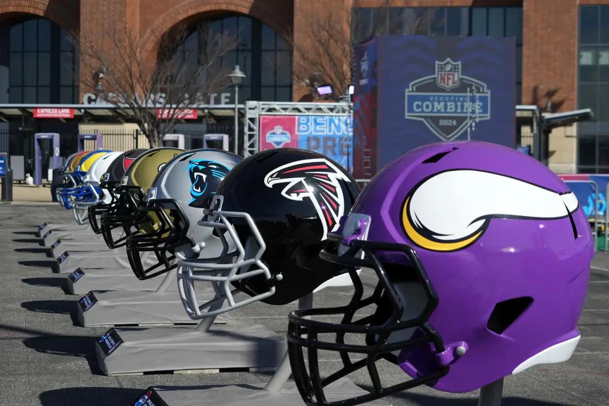 Team helmets lined up outside of the NFL Scouting Combine at Lucas Oil Field in Indianapolis, Indiana.