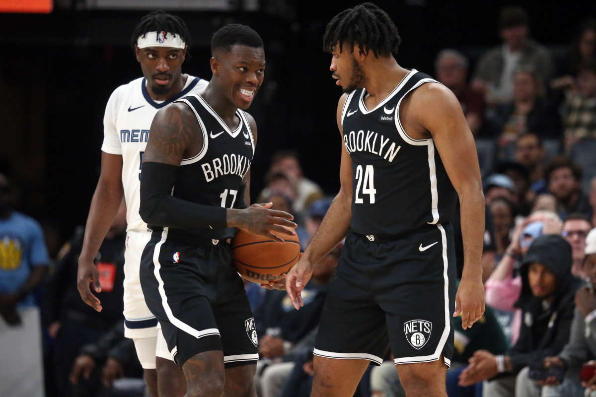 Feb 26, 2024; Memphis, Tennessee, USA; Brooklyn Nets guard Dennis Schroder (17) talks with guard Cam Thomas (24) after a foul call during the first half against the Memphis Grizzlies at FedExForum. Mandatory Credit: Petre Thomas-USA TODAY Sports