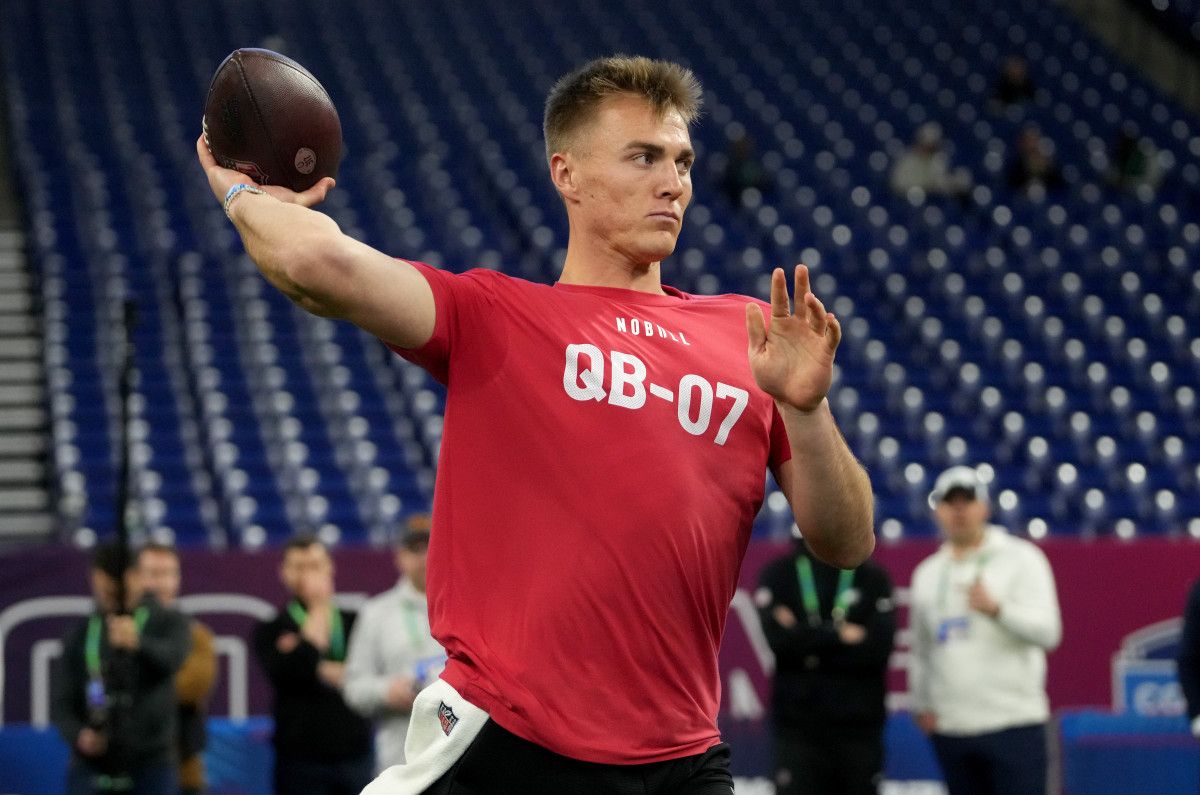 Oregon Ducks quarterback Bo Nix throws at the 2024 NFL Scouting Combine inside Lucas Oil Stadium.