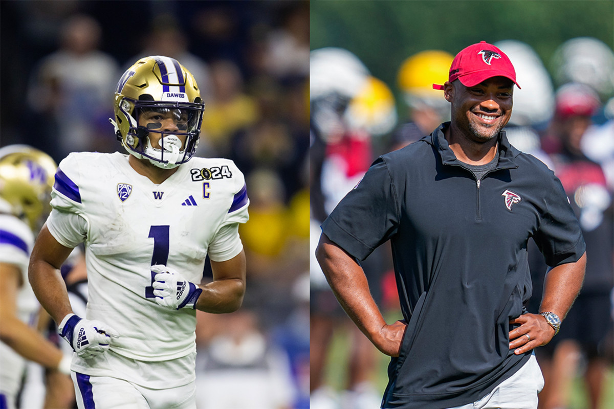 Washington Huskies receiver Rome Odunze (left) and Atlanta Falcons general manager Terry Fontenot (right).