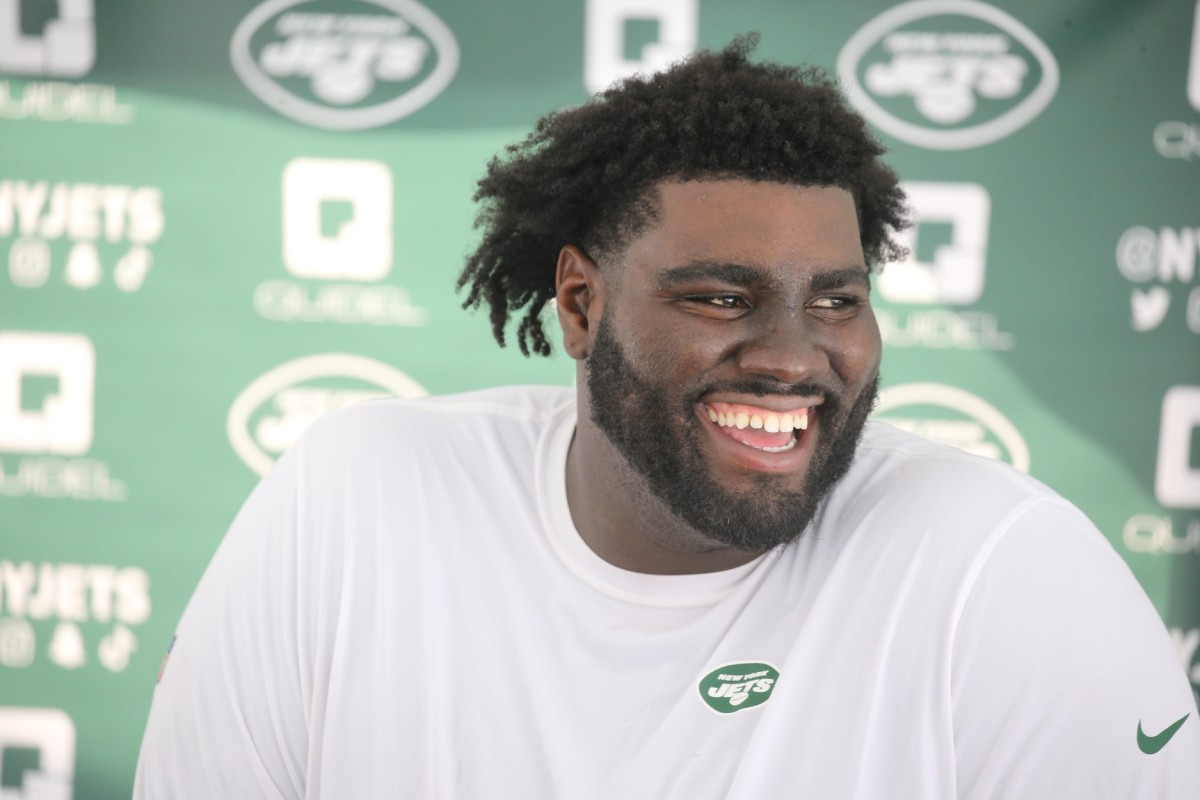Offensive tackle Mekhi Becton addresses the media during the opening day of the 2022 New York Jets Training Camp in Florham Park, NJ on July 27, 2022. Opening Of The 2022 New York Jets Training Camp In Florham Park Nj On July 27 2022  
