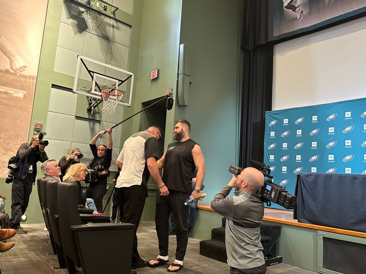 Travis Kelce and his older brother Jason Kelce share a moment after Jason announced his retirement from the NFL on March 4, 2024