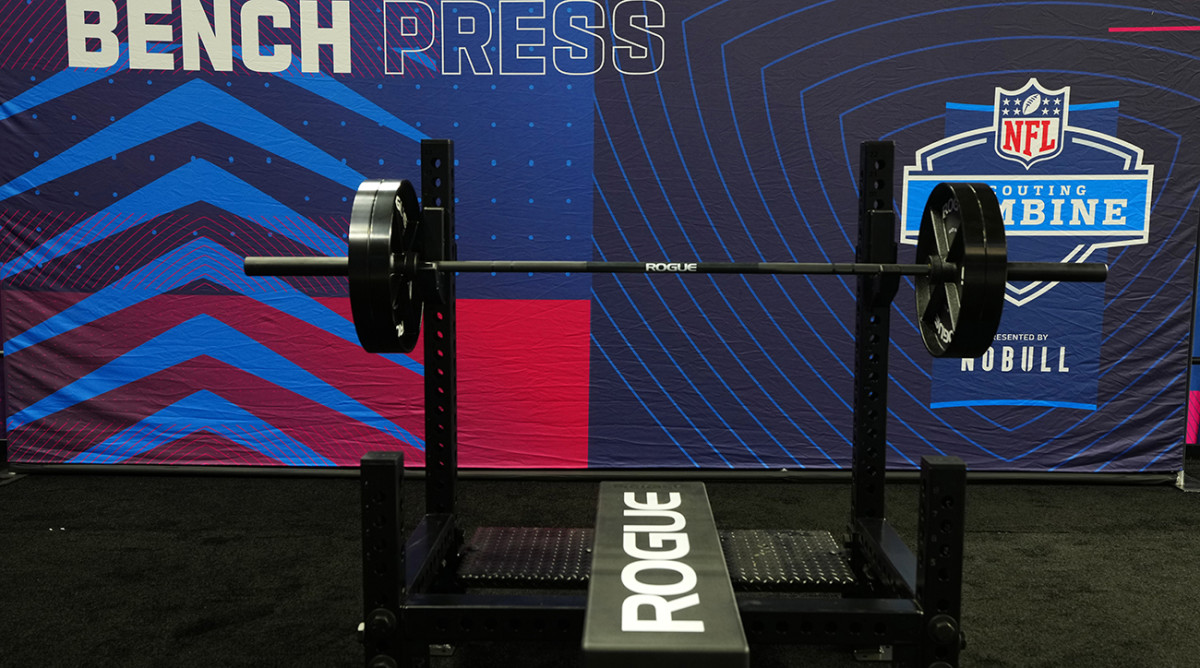 The bench press station for the 2024 NFL scouting combine at Lucas Oil Stadium.