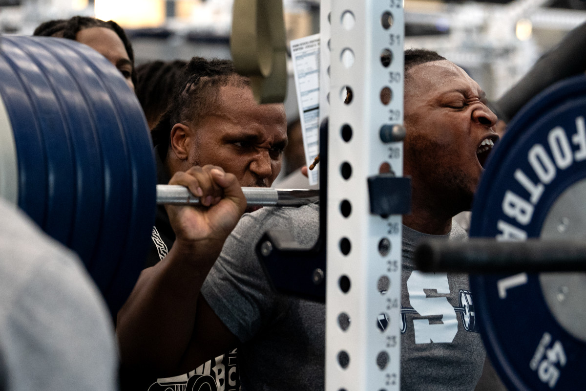 Penn State defensive lineman Zane Durant goes through a lifting drill during the Nittany Lions' winter max-out session at the Lasch Football Building.
