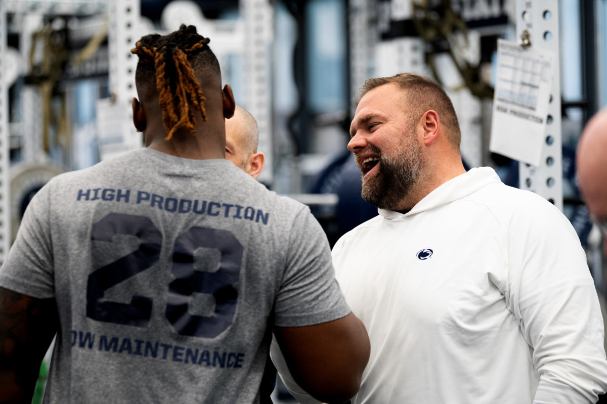 Penn State offensive coordinator Andy Kotelnicki in the Nittany Lions weight room during a max-out session at the Lasch Football Building.