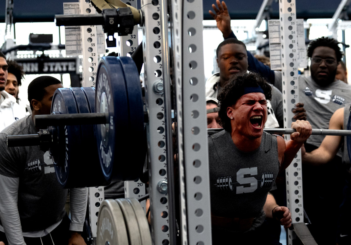 Penn State linebacker Tony Rojas takes part in the Nittany Lions' max-out lifting day at the Lasch Football Building.