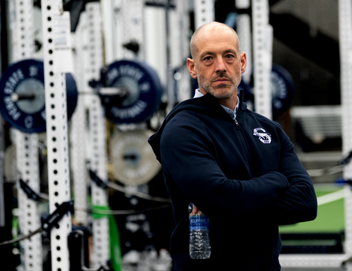 Penn State special teams coordinator Justin Lustig observes the Nittany Lions max-out lifting session at the Lasch Football Building.