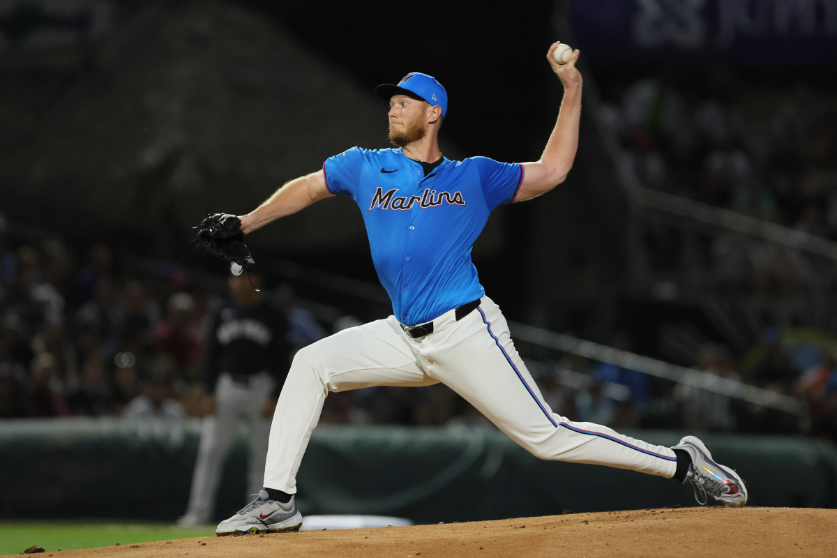 Mar 4, 2024; Jupiter, Florida, USA; Miami Marlins starting pitcher A.J. Puk (35) delivers a pitch against the New York Yankees during the first inning at Roger Dean Chevrolet Stadium.