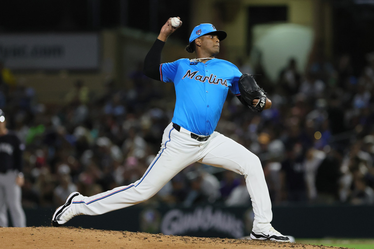 Mar 4, 2024; Jupiter, Florida, USA; Miami Marlins starting pitcher Edward Cabrera (27) delivers a pitch against the New York Yankees during the fourth inning at Roger Dean Chevrolet Stadium.