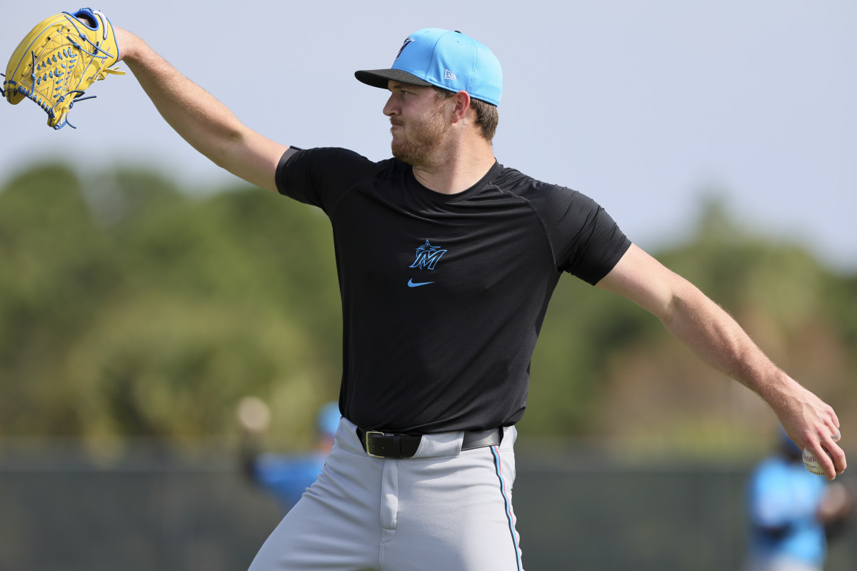 Feb 17, 2024; Jupiter, FL, USA; Miami Marlins starting pitcher Trevor Rogers (28) works out during spring training at the Marlins Player Development & Scouting Complex.