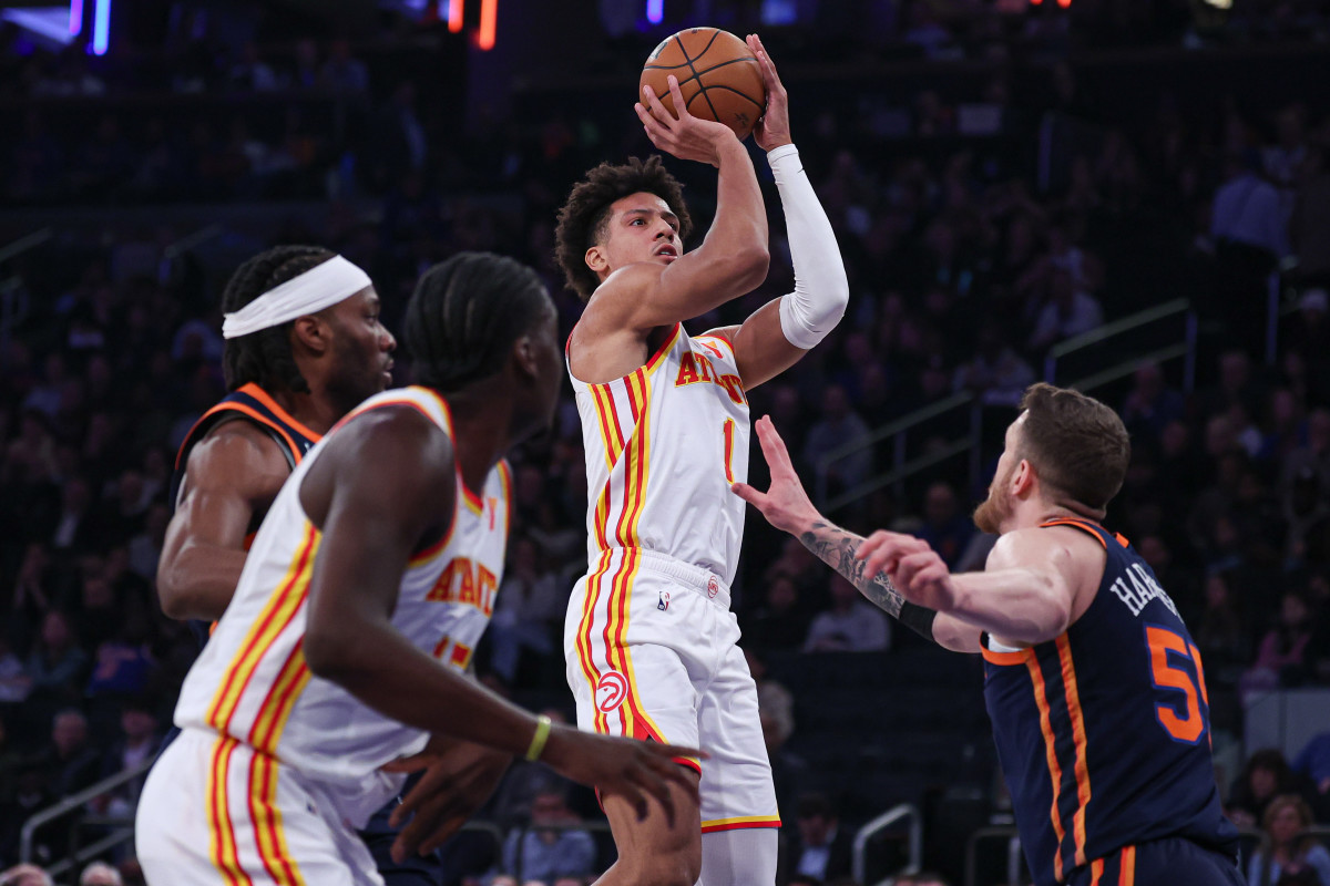 Mar 5, 2024; New York, New York, USA; Atlanta Hawks forward Jalen Johnson (1) shoots the ball as New York Knicks center Isaiah Hartenstein (55) defends during the first quarter at Madison Square Garden. Mandatory Credit: Vincent Carchietta-USA TODAY Sports