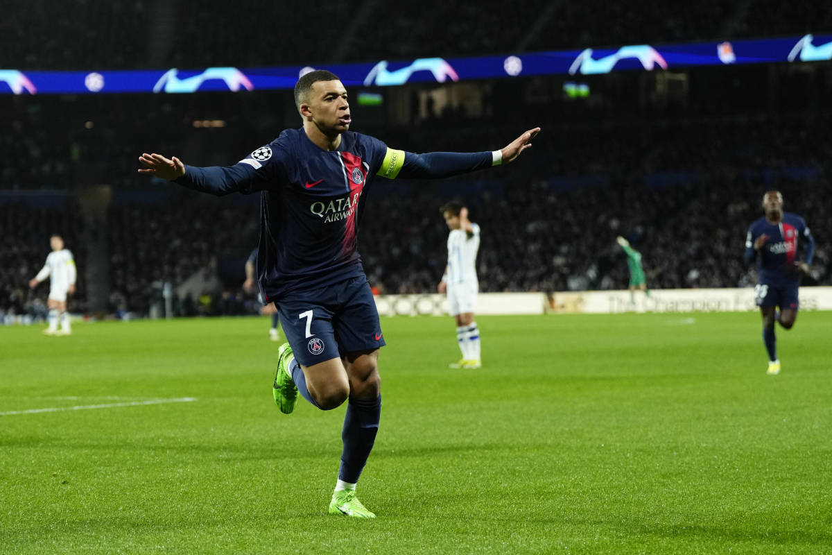Kylian Mbappe pictured celebrating after scoring a goal for Paris Saint-Germain against Real Sociedad in the UEFA Champions League in March 2024