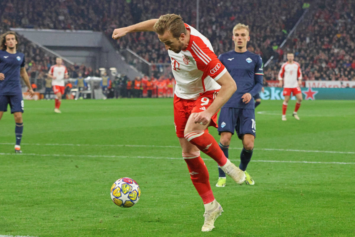 Harry Kane pictured (center) scoring his second goal of the game in Bayern Munich's 3-0 win over Lazio in the UEFA Champions League in March 2024