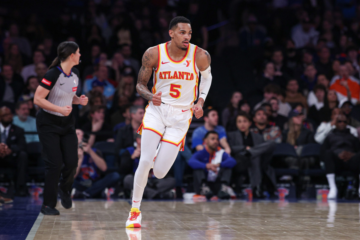 Mar 5, 2024; New York, New York, USA; Atlanta Hawks guard Dejounte Murray (5) runs up court after a basket against the New York Knicks during the second half at Madison Square Garden. Mandatory Credit: Vincent Carchietta-USA TODAY Sports