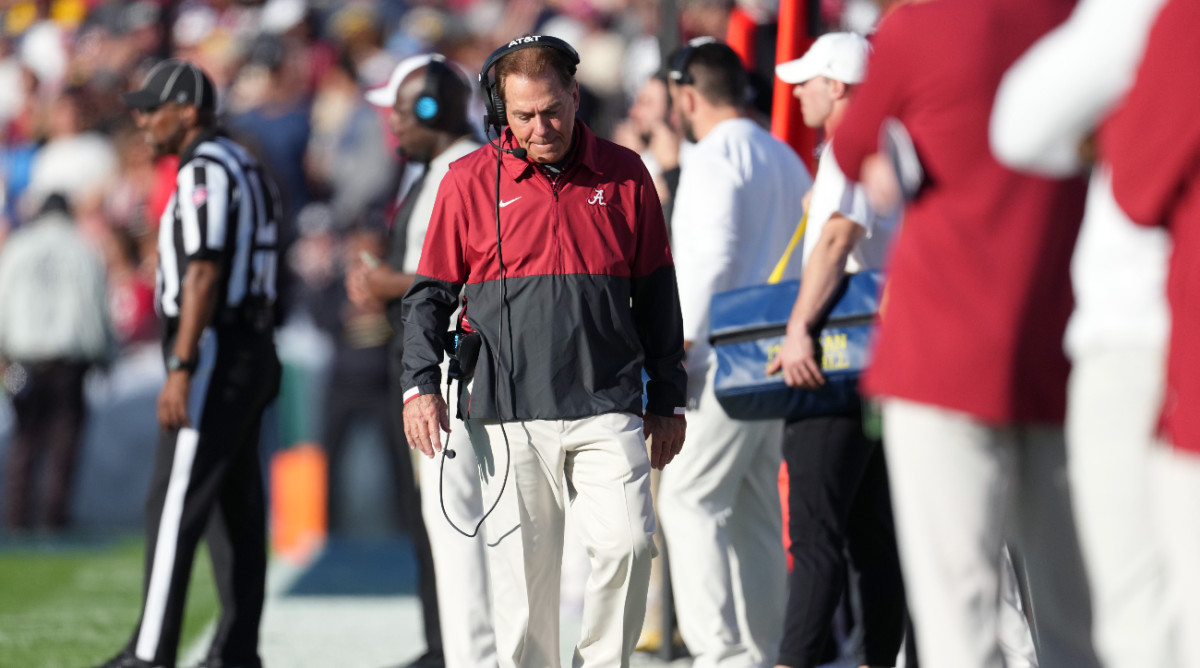 Jan 1, 2024; Pasadena, CA, USA; Alabama Crimson Tide head coach Nick Saban walks the sideline during the first half against the Michigan Wolverines in the 2024 Rose Bowl college football playoff semifinal game at Rose Bowl.
