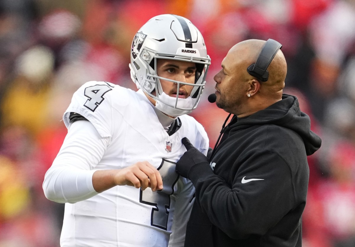 Some within Raider Nation would like for the Las Vegas Raiders to look for a new starter at quarterback, but Coach Antonio Pierce (right) still has faith in Aidan O'Connell (left).