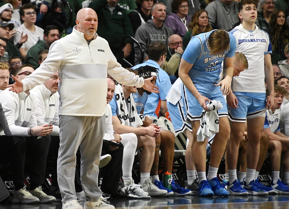 Indiana State Sycamores head coach Josh Schertz disputes a call during the first half against the Michigan State Spartans at Jack Breslin Student Events Center in East Lansing, Michigan, on Dec. 30, 2023.