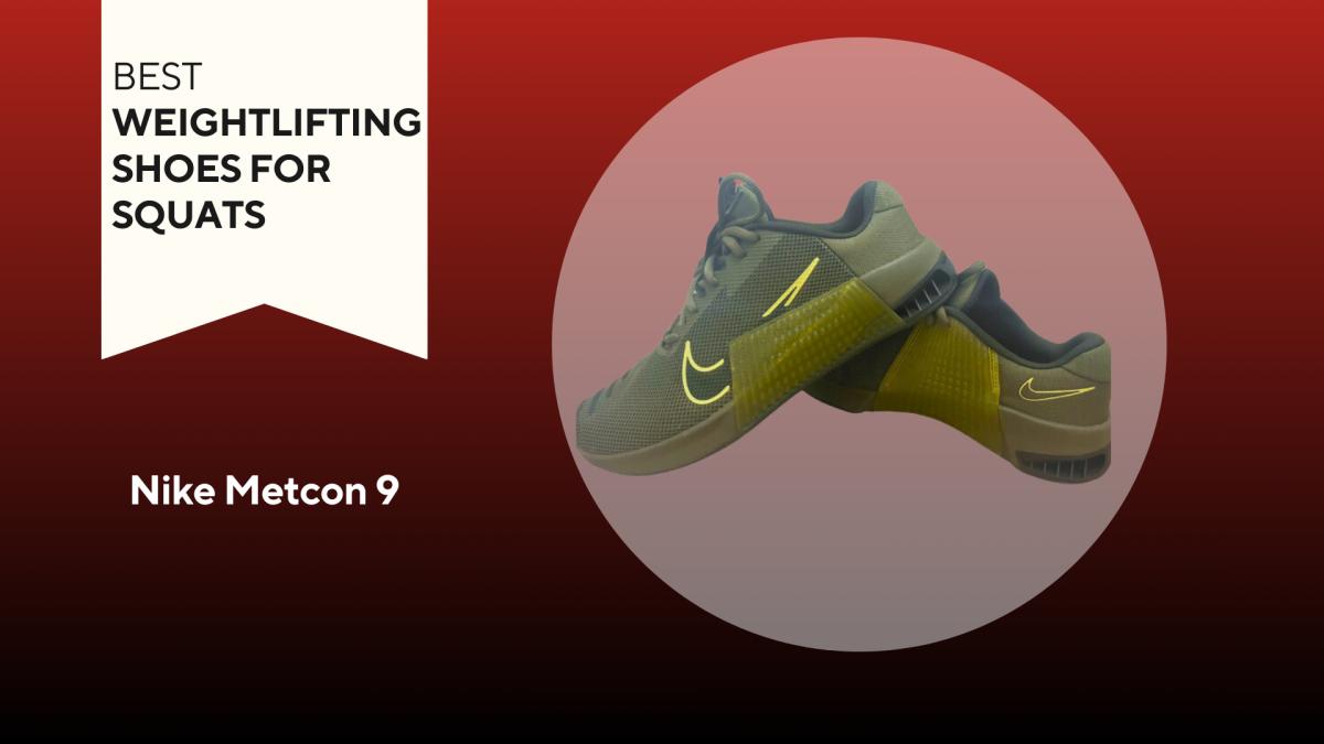 A pair of Nike Metcon 9 workout shoes, green with yellow trim around the "Swoosh" logo.