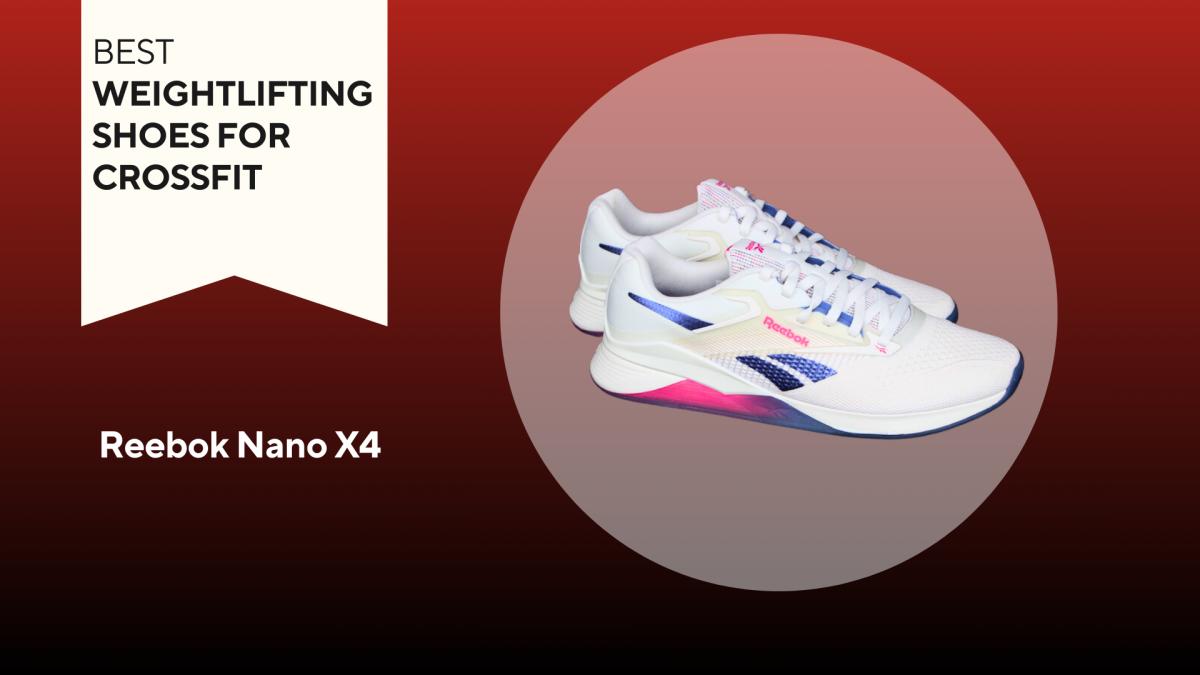 A white pair of women's Reebok Nano X4 workout shoes with blue stripes and pink and blue trim.