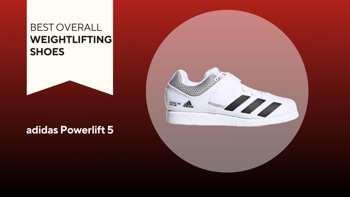 A pair of adidas Powerlift 5 workout shoes, white with black trim.