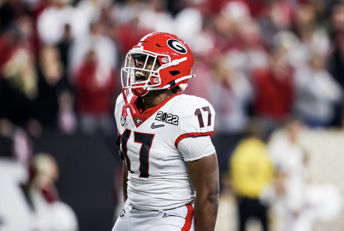 Georgia inside linebacker Nakobe Dean during the 2022 College Football Playoff National Championship against Alabama at Lucas Oil Field in Indianapolis, Ind., on Monday, Jan. 10, 2022. (Photo by Tony Walsh)