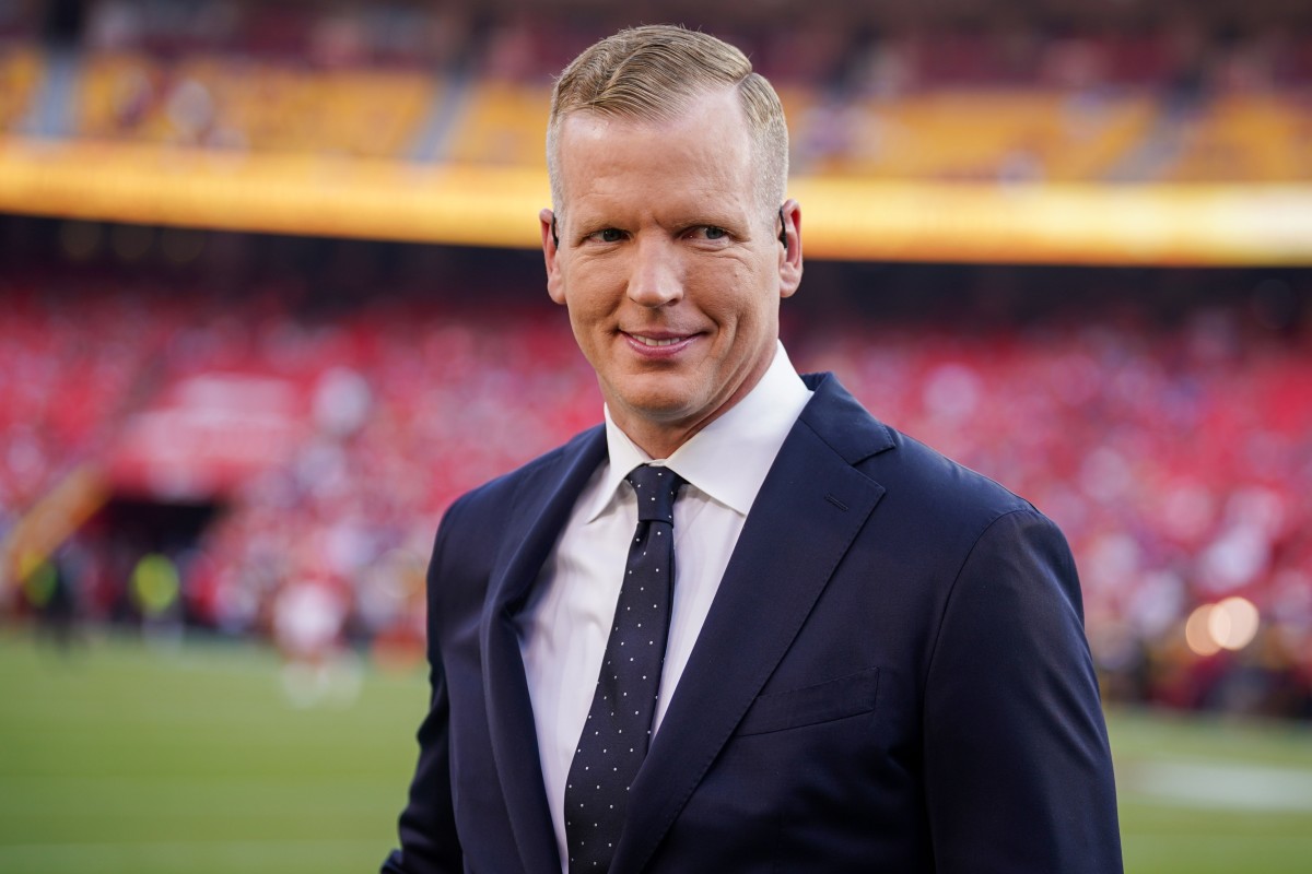 Sep 7, 2023; Kansas City, Missouri, USA; NBC Sports analyst Chris Simms on field prior to a game between the Kansas City Chiefs and Detroit Lions at GEHA Field at Arrowhead Stadium.