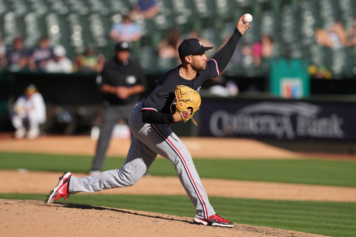 Jul 15, 2023; Oakland, California, USA; Minnesota Twins relief pitcher Jovani Moran (71) throws against the Oakland Athletics during the sixth inning at Oakland-Alameda County Coliseum.