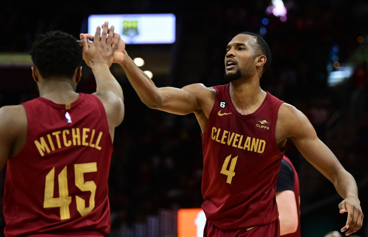 Apr 2, 2023; Cleveland, Ohio, USA; Cleveland Cavaliers forward Evan Mobley (4) celebrates with guard Donovan Mitchell (45) during the second half against the Indiana Pacers at Rocket Mortgage FieldHouse.