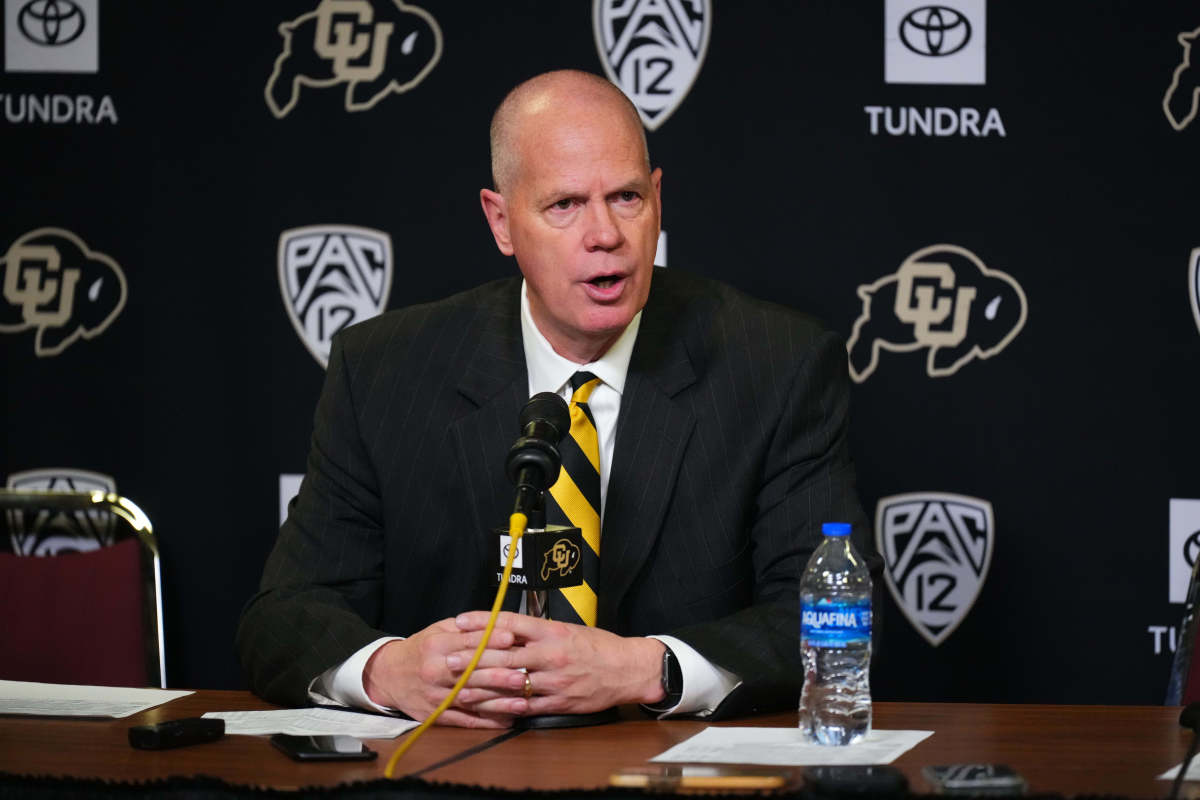 Boulder, Colorado, USA; Colorado Buffaloes head coach Tad Boyle speaks to the media following the game against the Stanford Cardinal at the CU Events Center