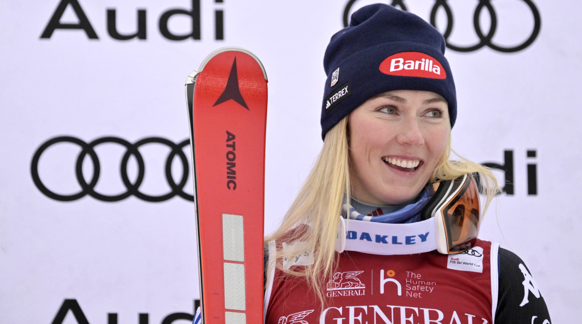 Mikaela Shiffrin celebrates her second place finish in the giant slalom race in the women’s alpine skiing World Cup at Mont Tremblant.