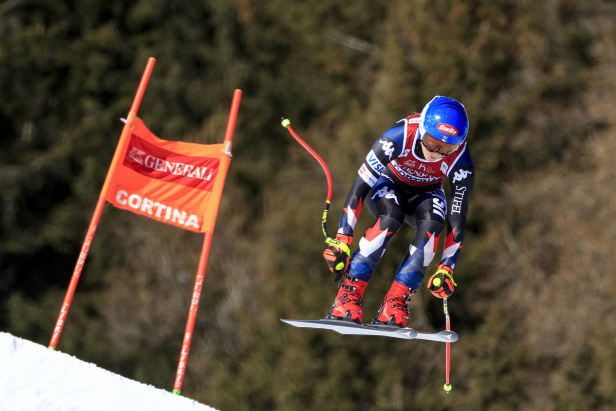 Mikaela Shiffrin races on a course in Cortina d’Ampezzo, Italy.