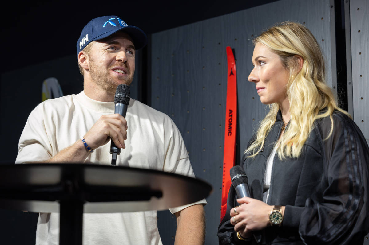 Skiers Mikaela Shiffrin and Aleksander Aamodt Kilde speak at Atomic Media Day in October 2023.