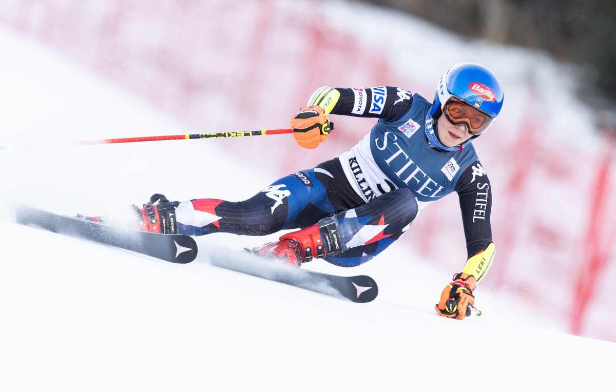 Mikaela Shiffrin competes her first run of the Stifel Killington Cup FIS World Cup giant slalom at Killington Resort.