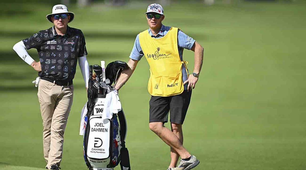 Joel Dahmen with his caddie Geno Bonnalie are pictured at the 2024 Sony Open in Hawaii at Waialae Country Club.